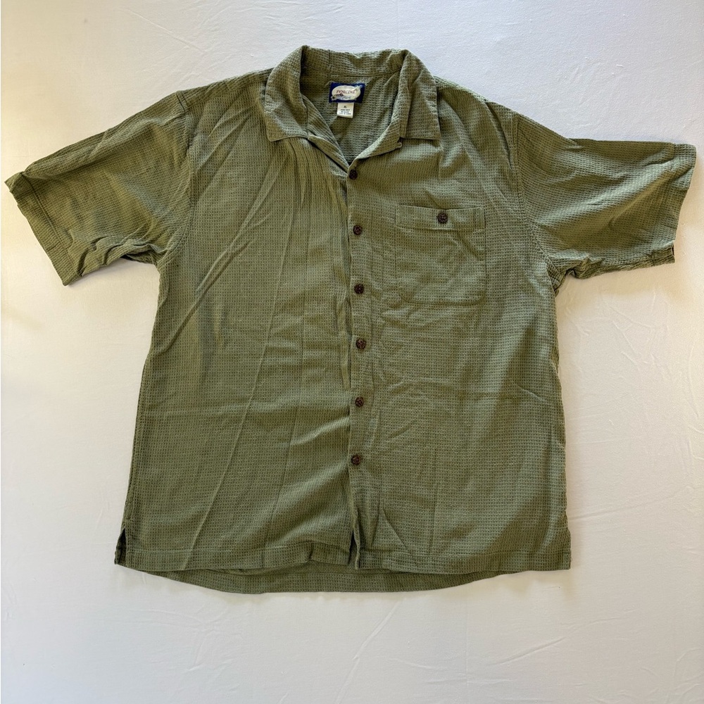 Porcini Men's Short Sleeve Button Down Shirt 100% Silk, Size L, Green